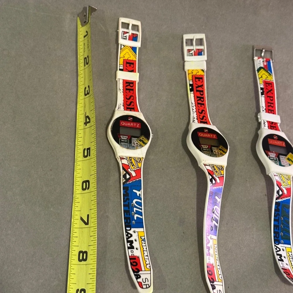 Vintage 90s Pop Art‎ Road Sign Digital Quartz Watch Lot of 3 Retro Kitsch White